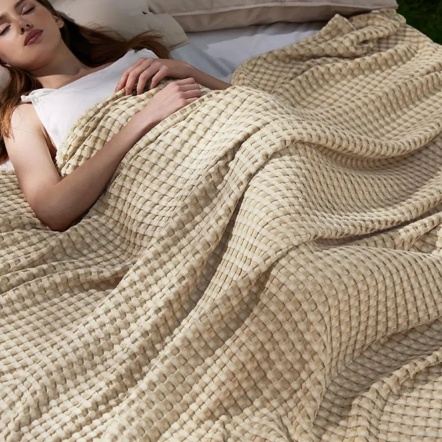 Cooling Cotton Waffle Blanket Lightweight Breathable Bamboo Rayon