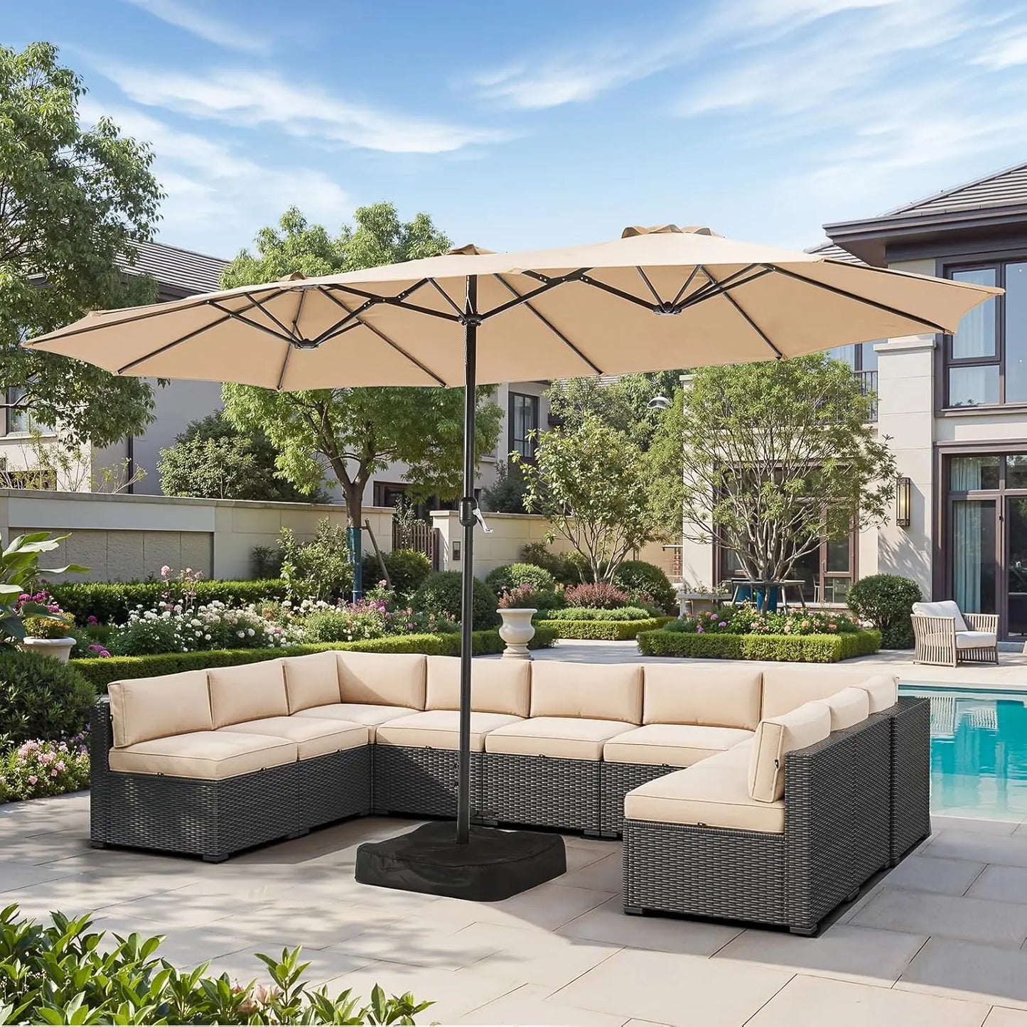 Double-Sided Rectangular Patio Umbrella With Crank And Base