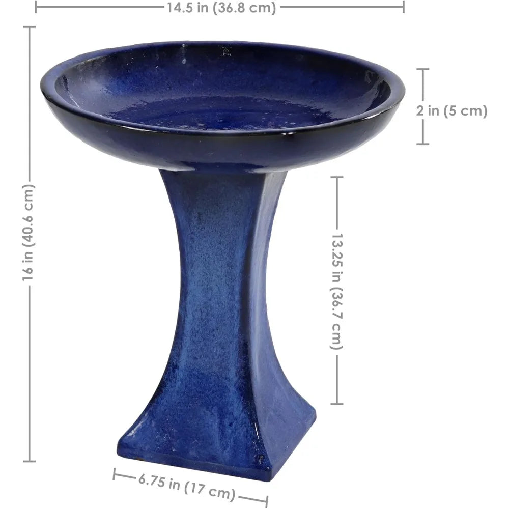 Outdoor Ceramic Bird Bath With Pedestal Glazed Bowl Frost Resistant