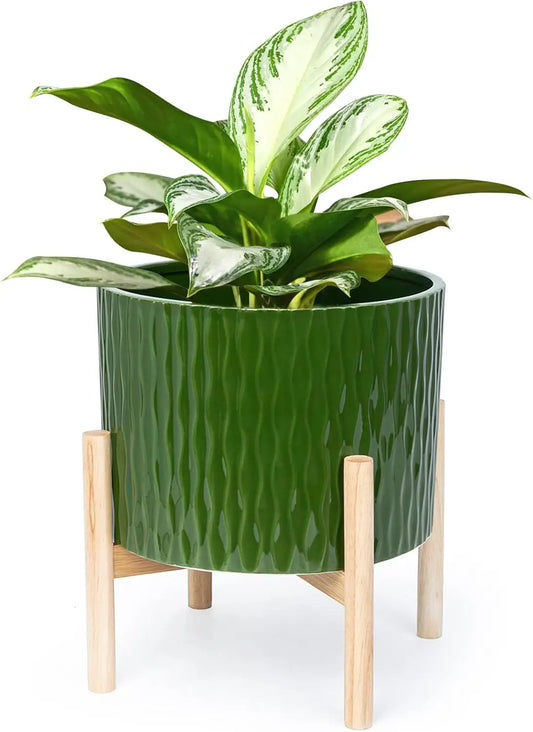 Ceramic Plant Pot With Wood Stand For Indoor Outdoor Use