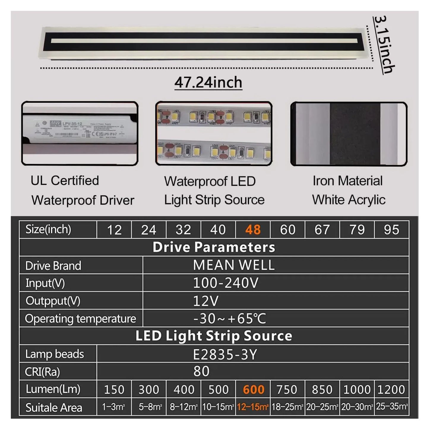 Outdoor Long LED Wall Light Strip Sconce IP67 Frosted Acrylic