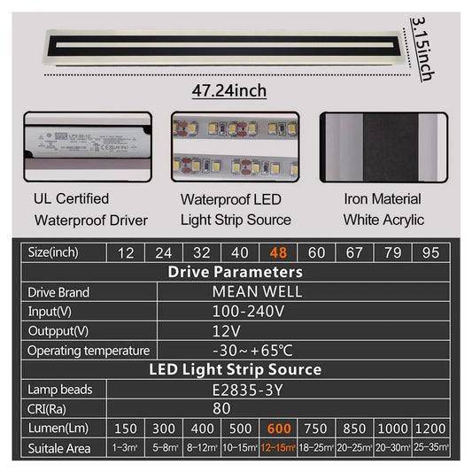 Outdoor Long LED Wall Light Strip Sconce IP67 Frosted Acrylic