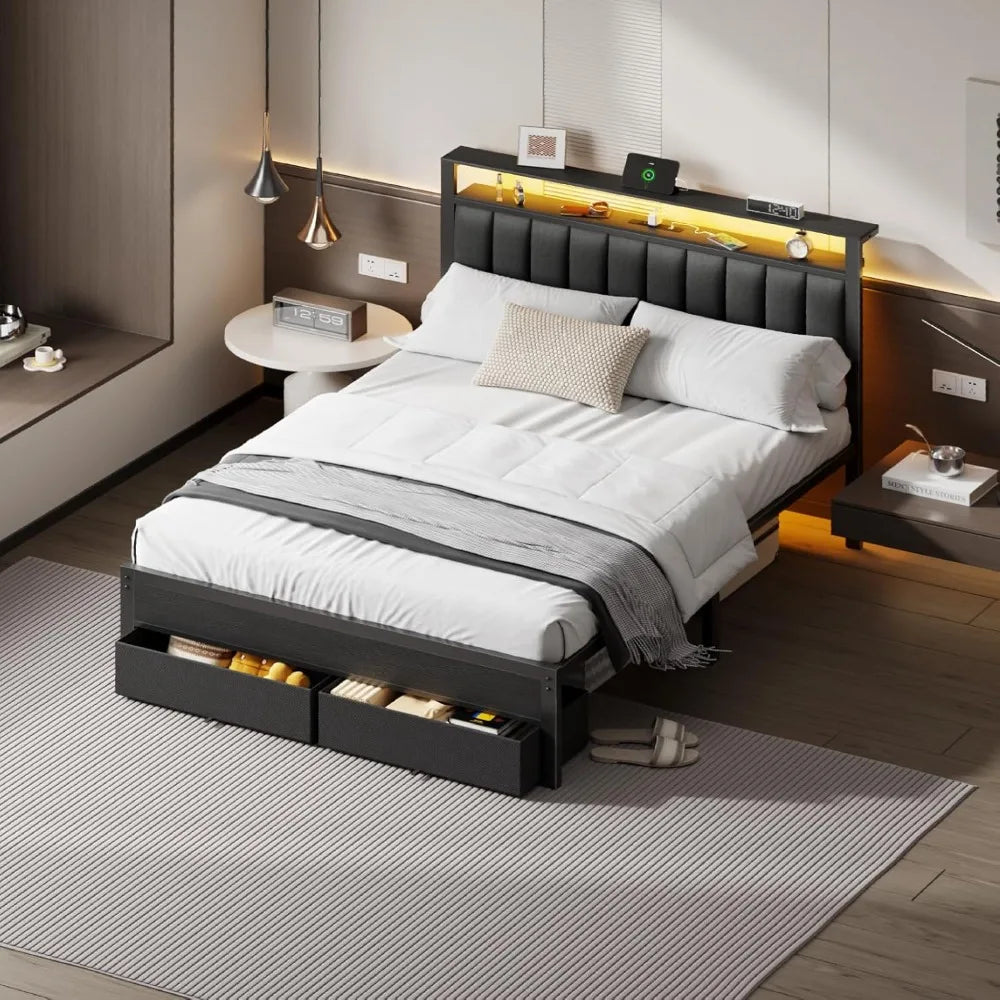 Bed Frame With Charging Station And LED Lights With Shelves