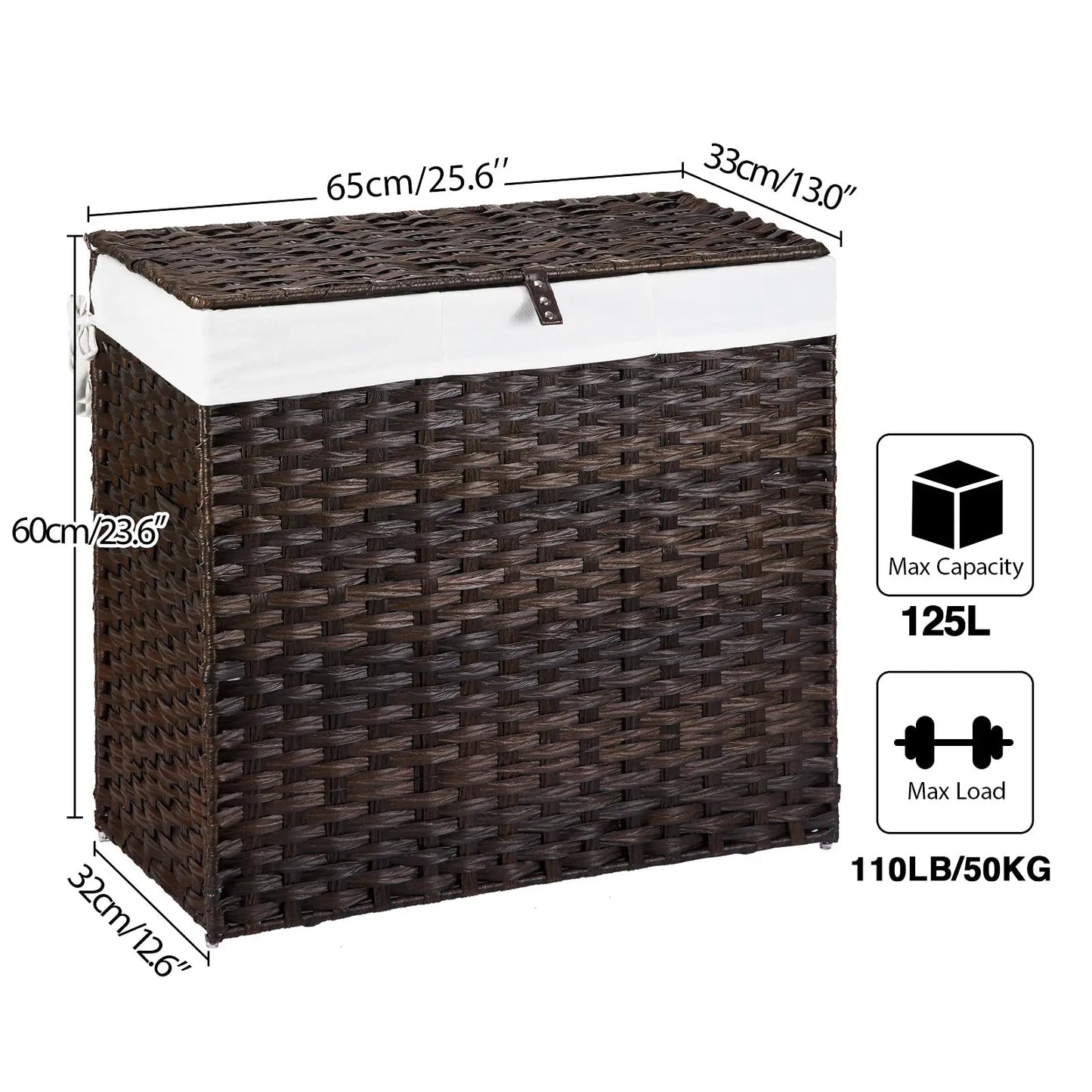Rattan Divided Laundry Basket With Removable Liner And Mesh Bags
