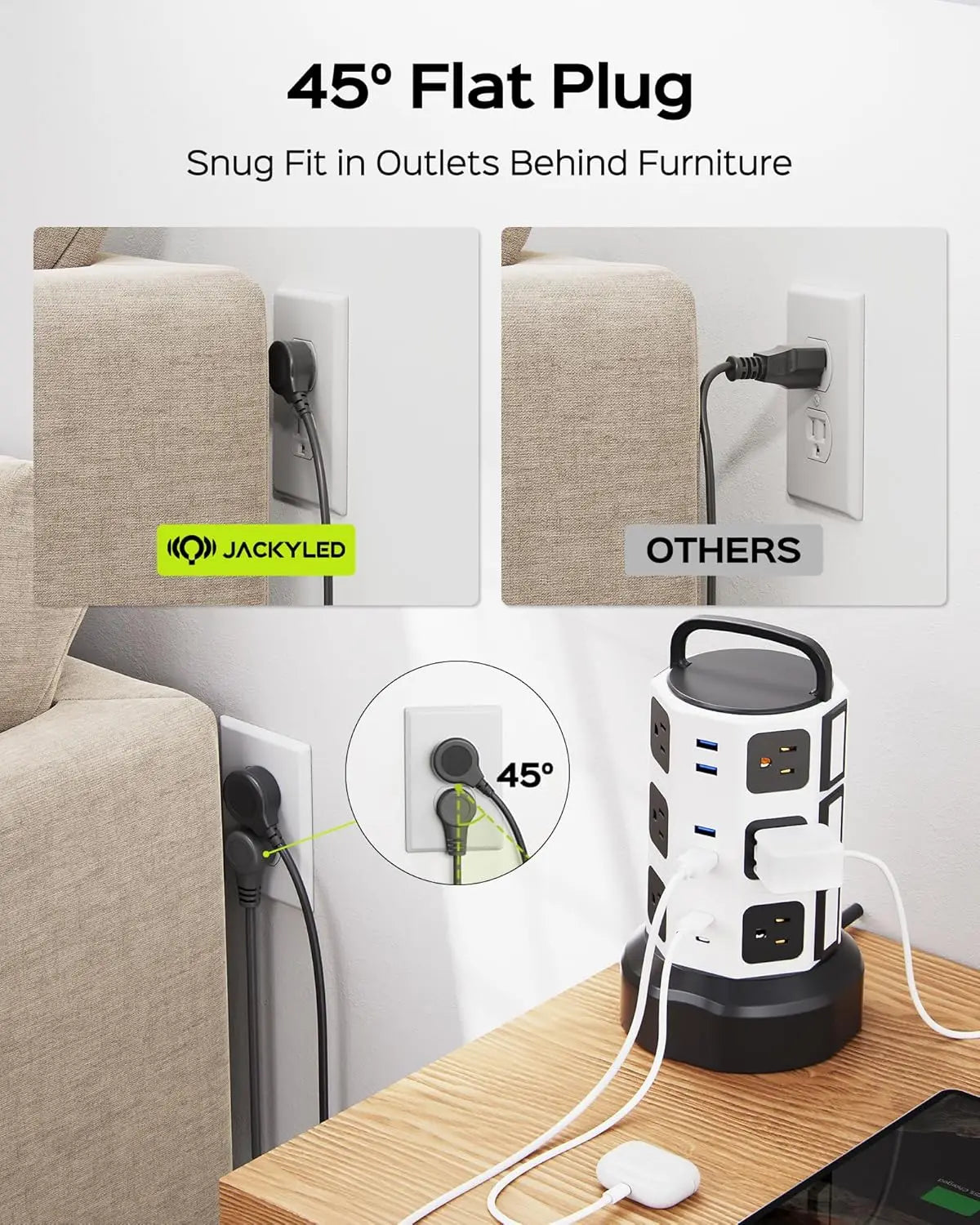 Retractable Power Strip Tower With 12 Outlets And USB Ports