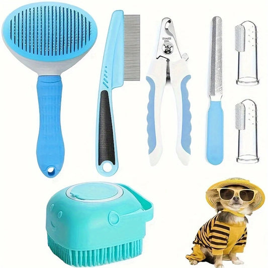 Dog Grooming Set With Hair Removal Comb Flea Comb Nail Clippers Shampoo Brush