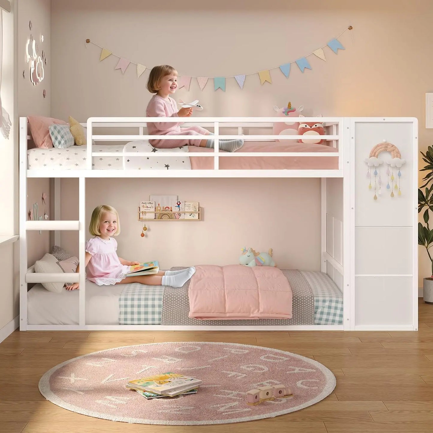 Twin Over Twin Bunk Bed With Fabric Drawers And Wooden Storage Shelves