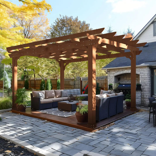 Cedar Wood Patio Pergola With Solid Frame And Slatted Roof