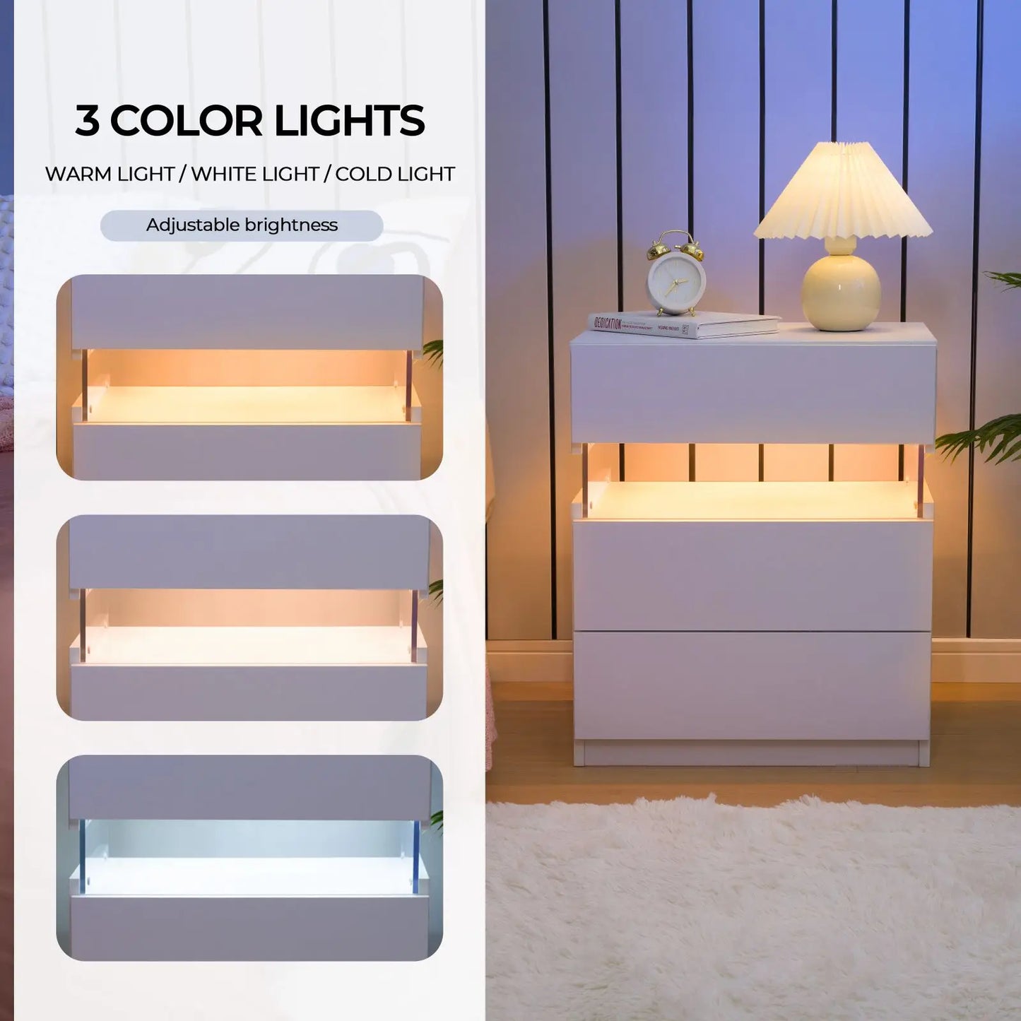 Cubehom Bedside Tables Set With LED Lighting Two Pieces Three Drawers