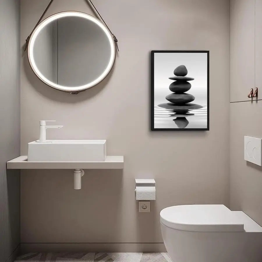 Zen Stones Water Reflection Framed Bathroom Wall Art