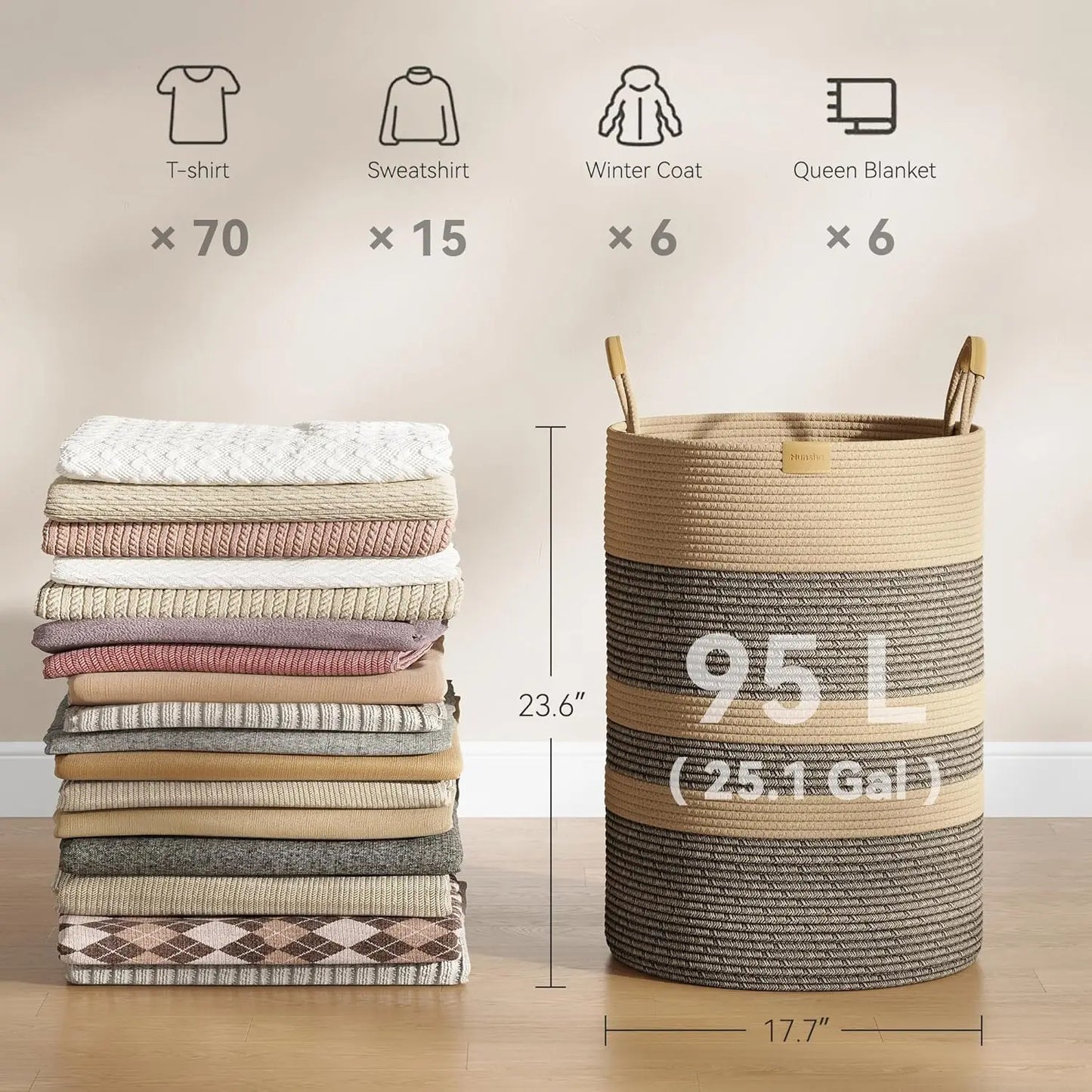 Foldable Laundry Basket With Leather Handles And Cotton Rope Storage