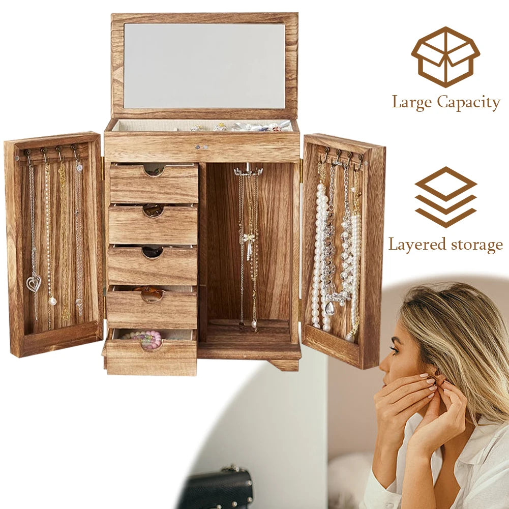 Wood Jewelry Box Organizer With Drawers And Mirror