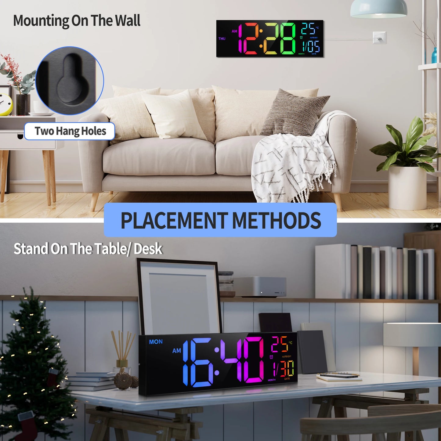 Large Digital Wall Clock With LED Display Remote Alarm Temperature