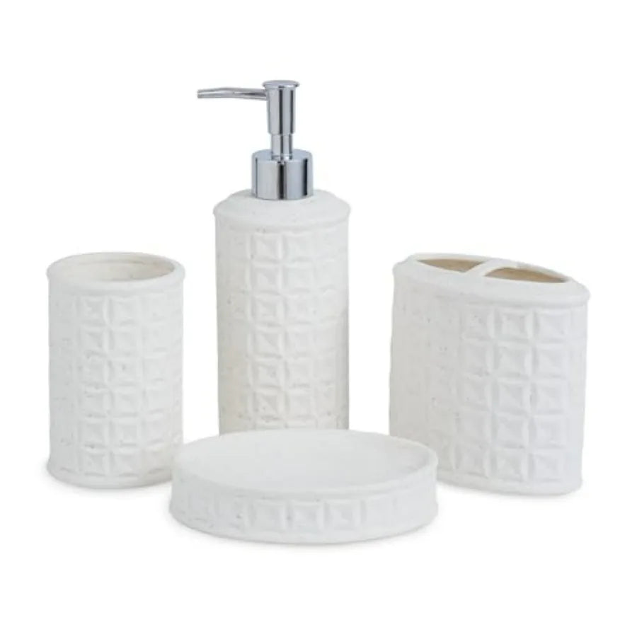 4-Piece Bathroom Accessory Set - White Ceramic Bathroom Decor for Counter Organization with Soap Dispenser Toothbrush Holder Tu