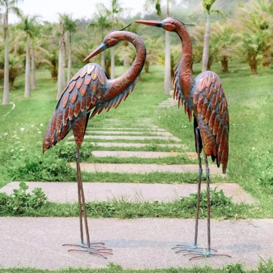 SHXI Metal Crane Statues Set Of 2 Bronze Heron Garden Decor Outdoor Weatherproof