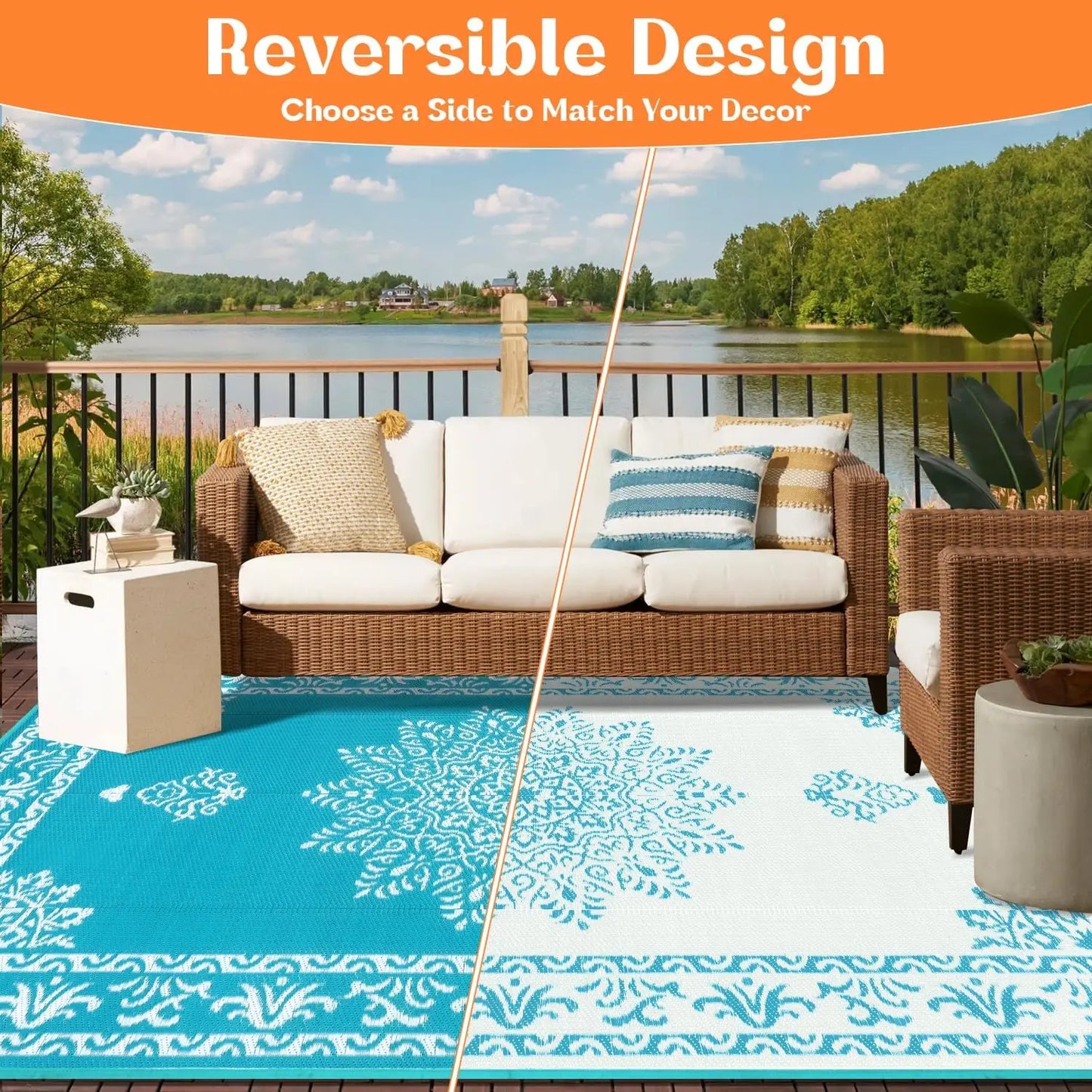 Waterproof Outdoor Rug Reversible UV Resistant Patio Carpet For Deck