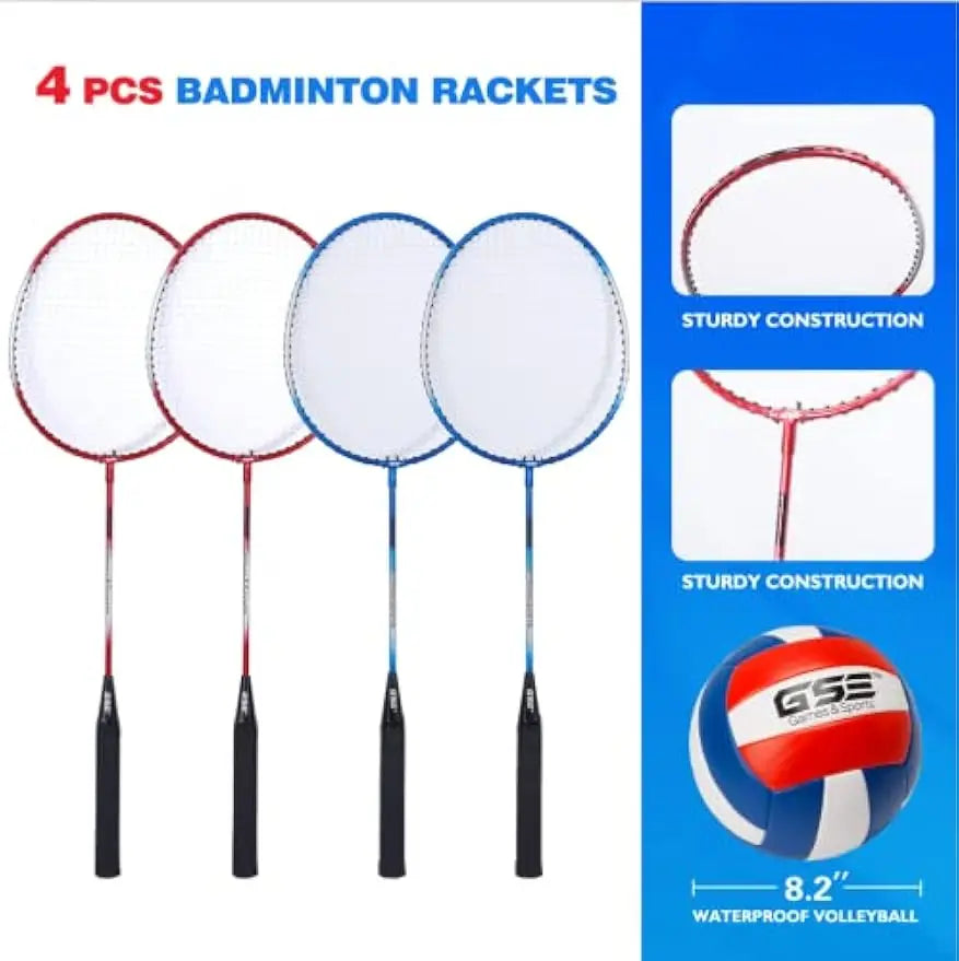 Outdoor Volleyball And Badminton Combo Set With Net Poles Racquets
