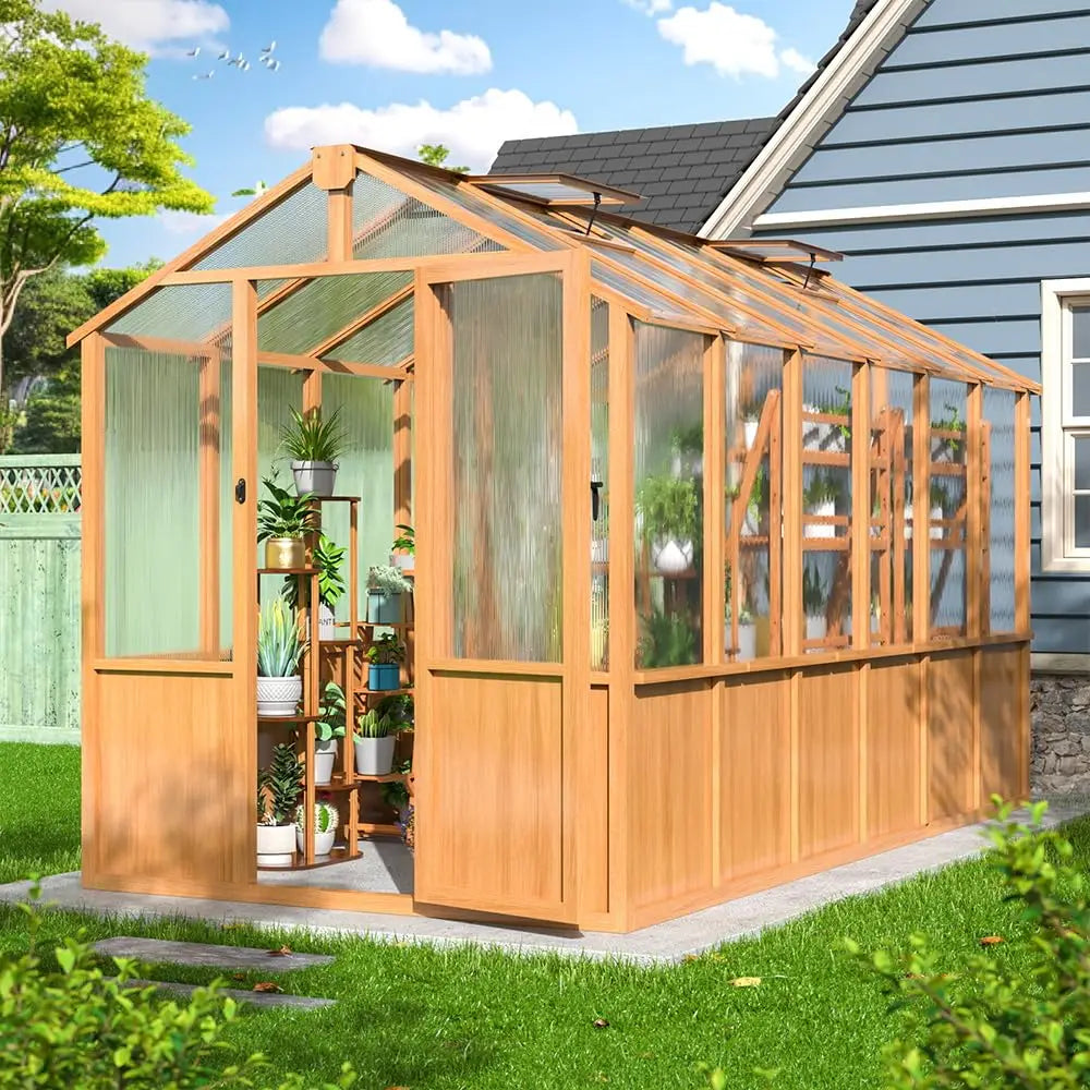 VIWAT Multiple Sizes Wooden Greenhouse, 6x8~8x16FT Wooden Greenhouse Vent Roof UV Protection for Backyard Garden Patio