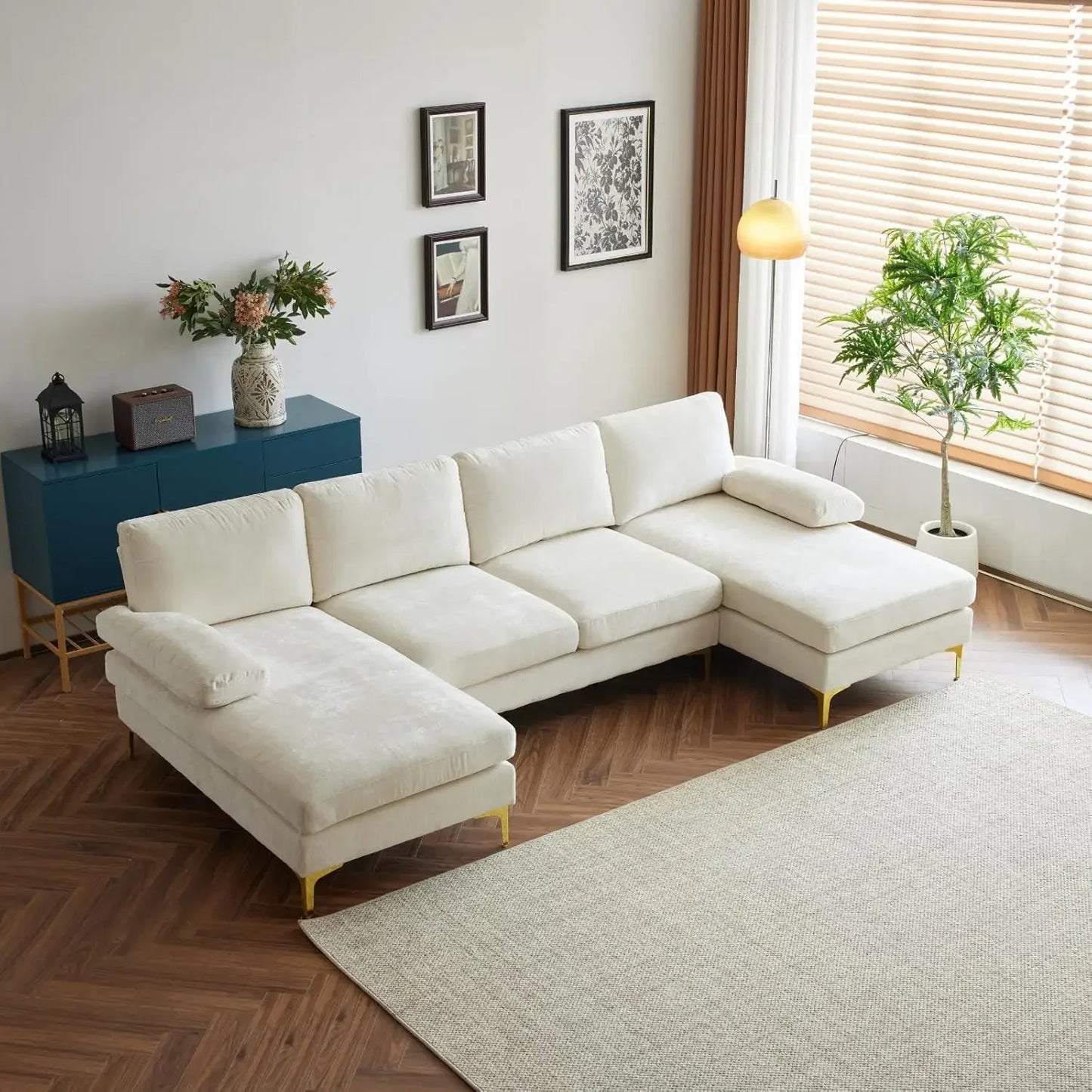 U-Shape Convertible Sectional Sofa 4-Seat Couch With Chaise Chenille Fabric