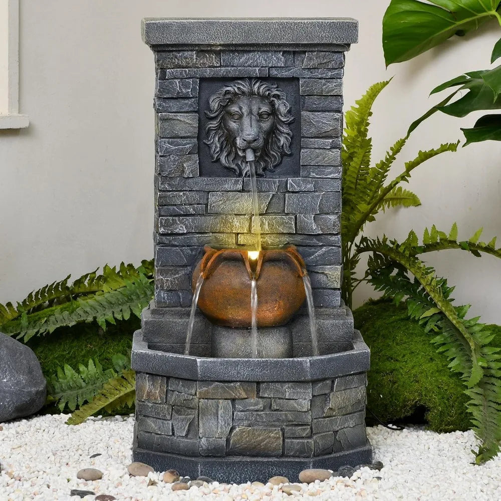 Outdoor Lion Head Stone Water Fountain With Lights Floor Standing