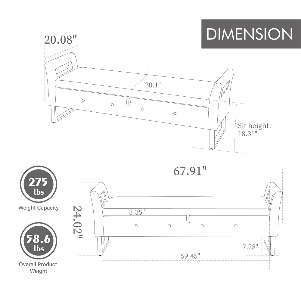 Velvet Storage Bench With Armrests For Living Room And Entryway