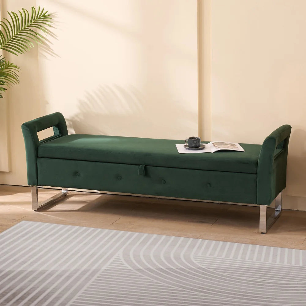 Velvet Storage Bench With Armrests For Living Room And Entryway