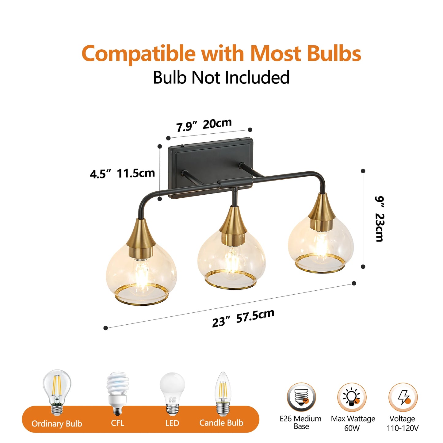 Modern Vanity Wall Sconce - Black & Gold Bathroom Light Fixture with Clear Glass Shades, Industrial Wall Mounted Lamp form USA