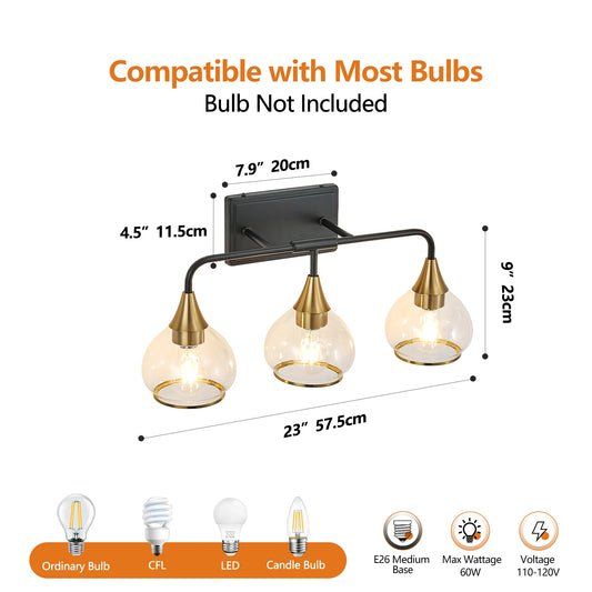 Modern Vanity Wall Sconce - Black & Gold Bathroom Light Fixture with Clear Glass Shades, Industrial Wall Mounted Lamp form USA