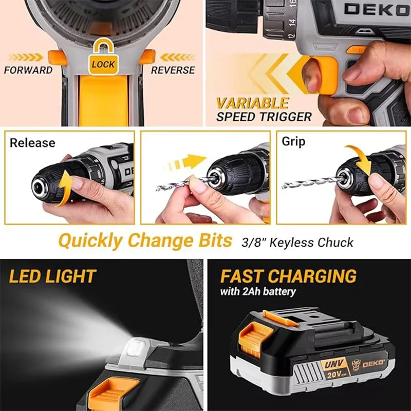 DEKO 20V Cordless Drill Kit With Battery and LED Light