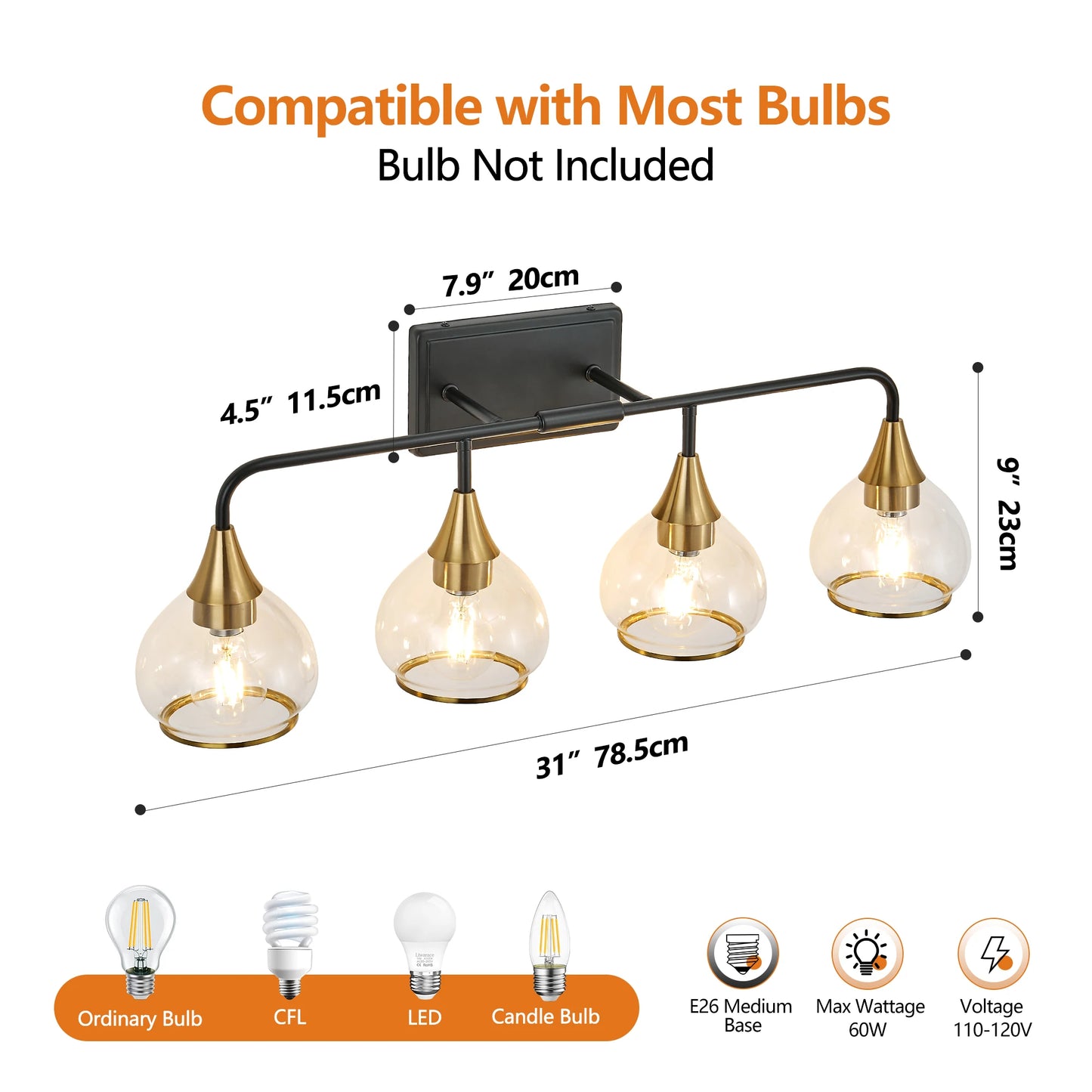 Modern Vanity Wall Sconce - Black & Gold Bathroom Light Fixture with Clear Glass Shades, Industrial Wall Mounted Lamp form USA