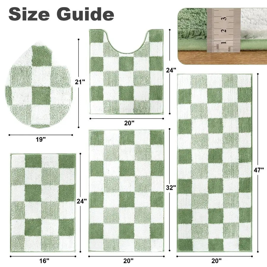 Checkered Bathroom Rug Set 5 Piece Non Slip Ultra Absorbent Microfiber