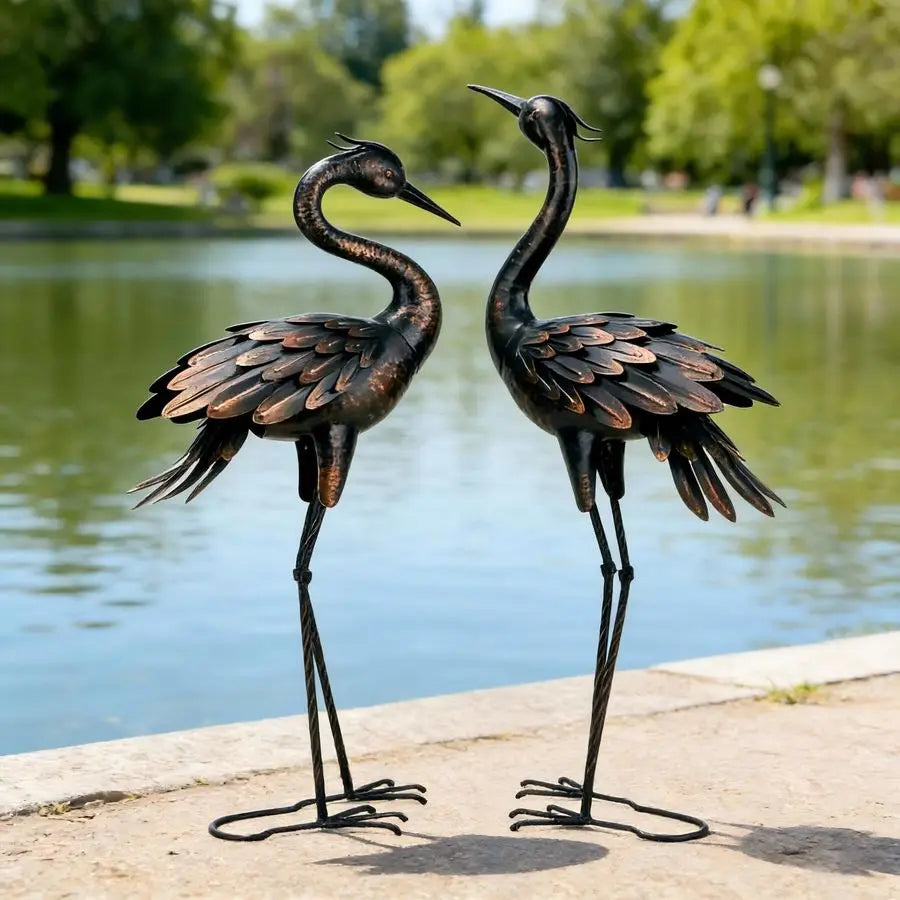 Metal Crane Garden Statue Handcrafted Yard Art For Patio And Lawn