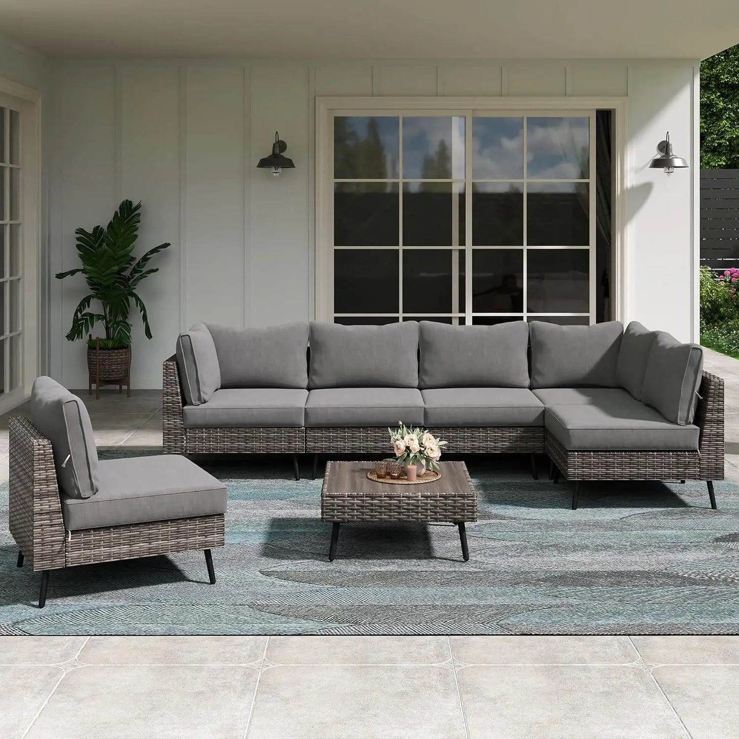 Outdoor 7-Piece PE Rattan Patio Sofa Set