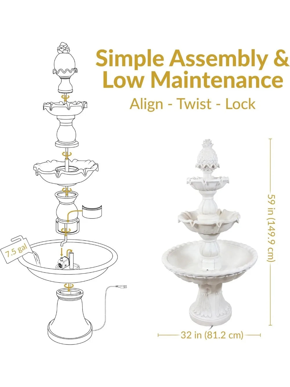 Welcome 3-Tier Water Fountain With Pineapple Topper For Garden