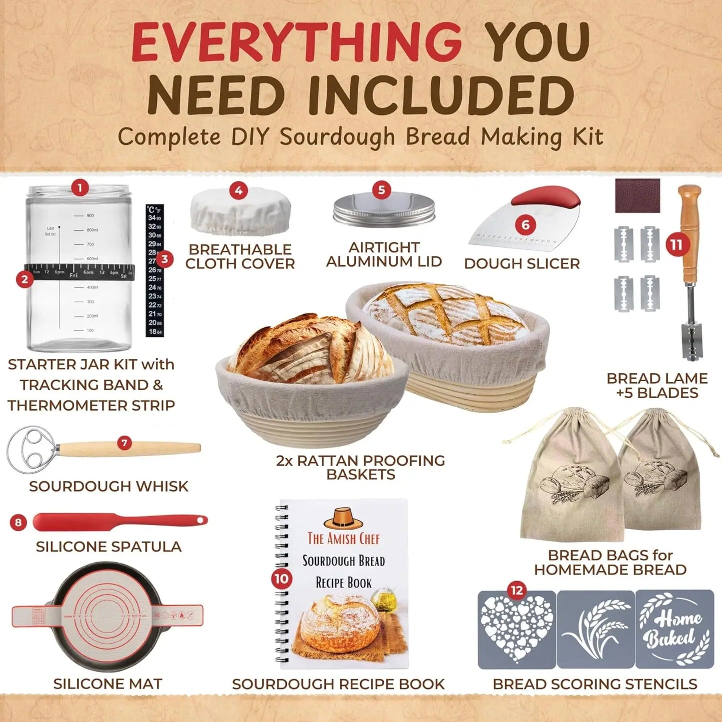 Sourdough Bread Starter Kit With Glass Jar And Baking Tools