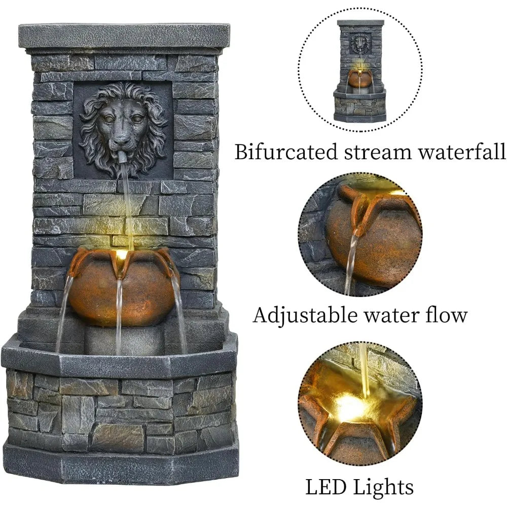 Outdoor Lion Head Stone Water Fountain With Lights Floor Standing