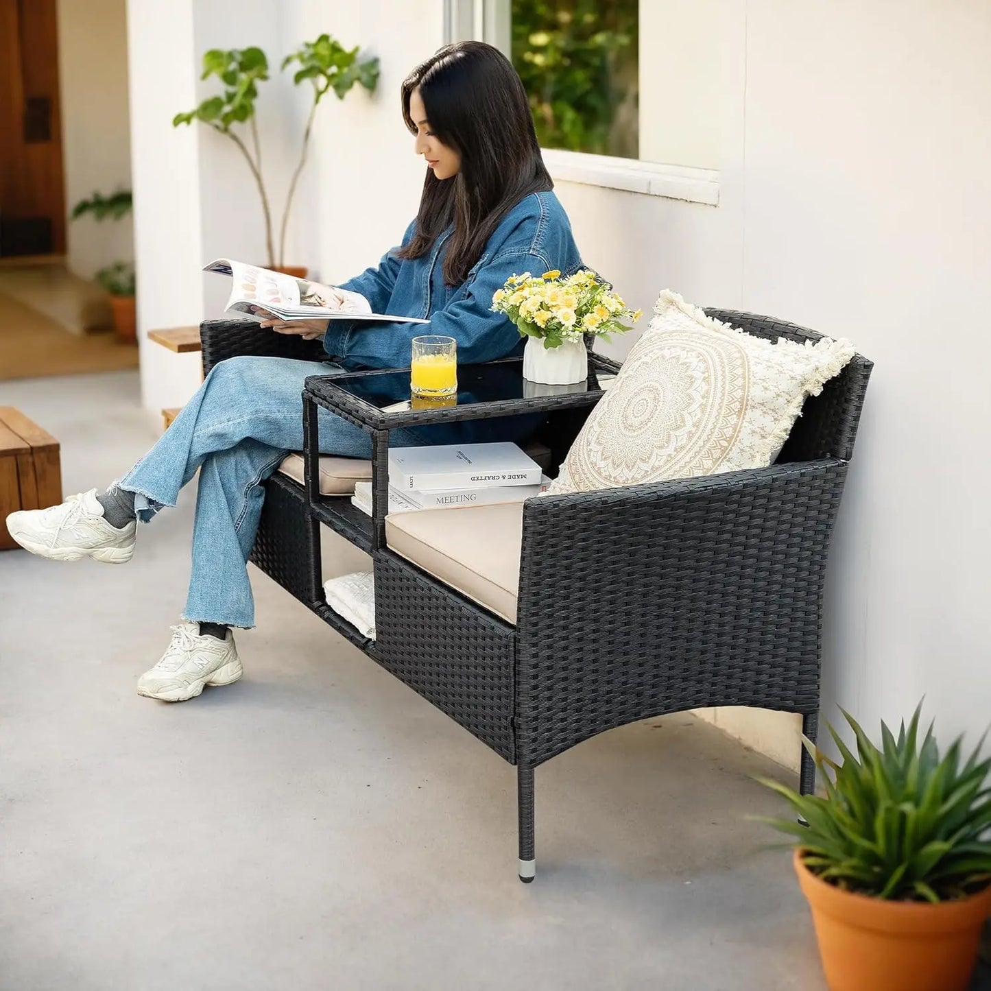 2 Seat Outdoor Wicker Loveseat With Built In Table